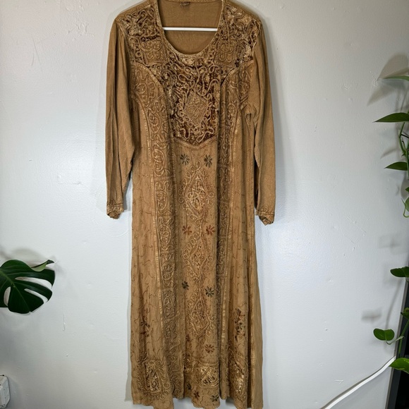 Vintage Bohemian Embroidered Maxi Dress Brown Velvet Detail Large one size boho - Picture 2 of 13